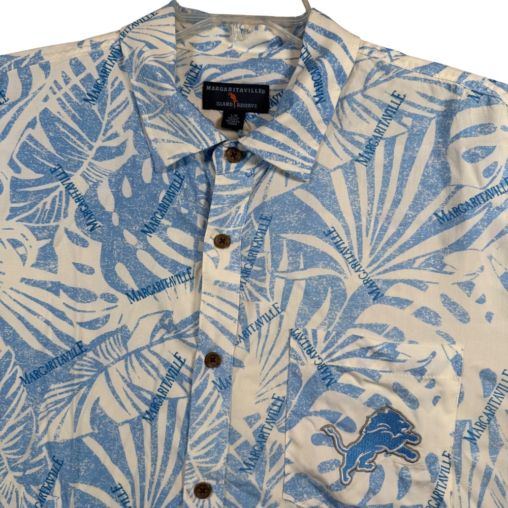Margaritaville Detroit Lions Shirt‎ Mens Large Blue Tropical Hawaiian Button Up